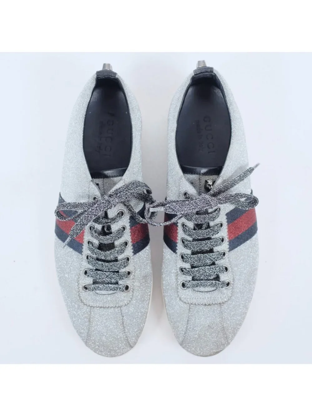 GUCCI Ace Glitter Trainers Sneakers 9.5 D Silver Web